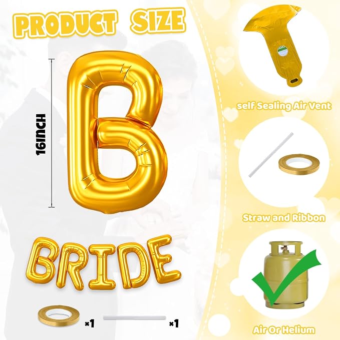 BRIDE Balloons Bachelorette Party Decorations, 16 Inch Metallic Gold Bride - Image 2
