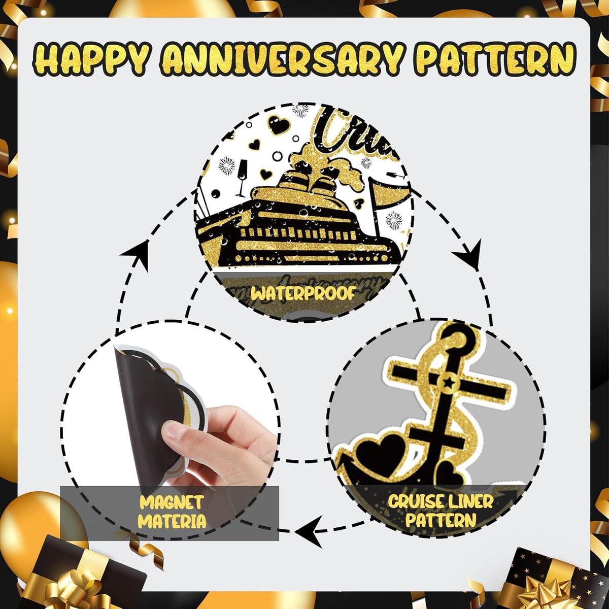 Happy Anniversary Cruise Door Magnets Decorations, Black Gold Happy Anniversary Cruise Ship Door Decor Magnetic for Married Men Women Wedding Party Fridge Refrigerator Car Kitchen Garage Personalized