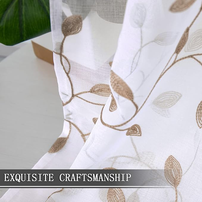 Tollpiz Leaves Sheer Curtains Taupe Leaf Embroidery Bedroom Curtain Rod Pocket - Image 6