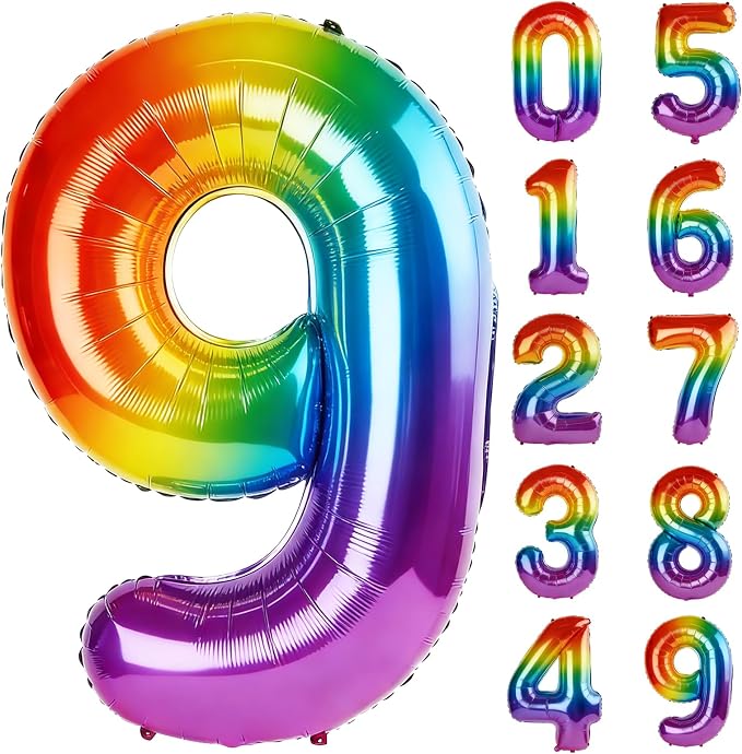 40 Inch Number 9 Balloons for 9th Birthday Party Decorations, 0-100 Rainbow by FOBELEC