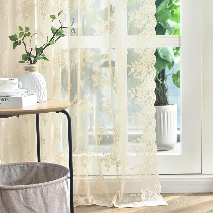 Kotile Beige Lace Floral Curtains - Image 6