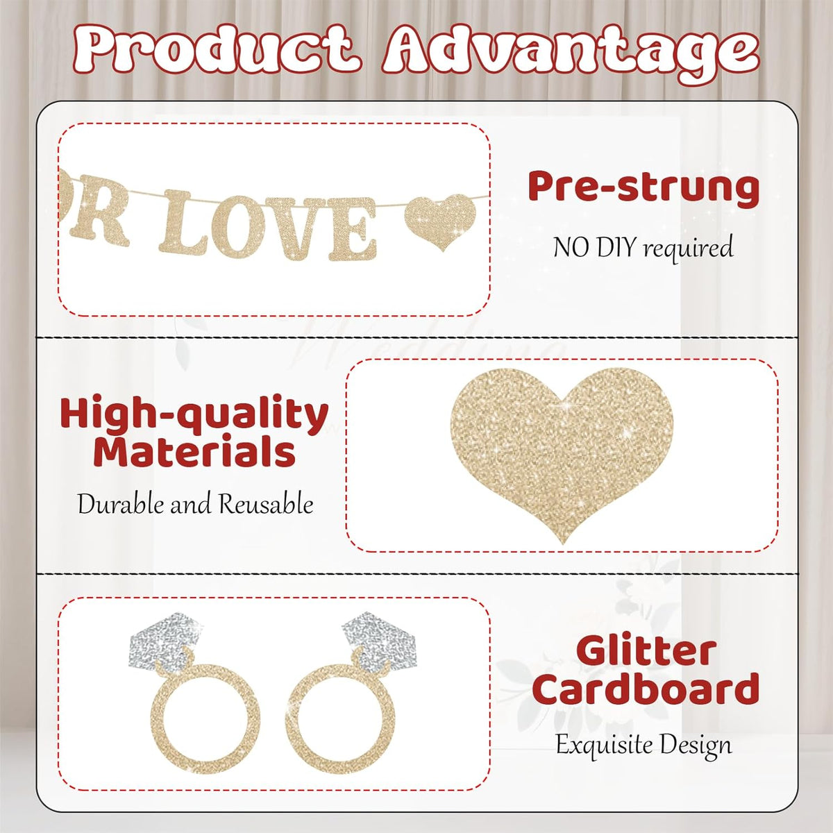 Wedding Decorations for Reception, Pre-Strung Bridal Shower Banner, Glitter For Love I Do Engagement Banner, Bride To Be Sign for Backdrop Ceremony Reception Bridal Shower Decorations