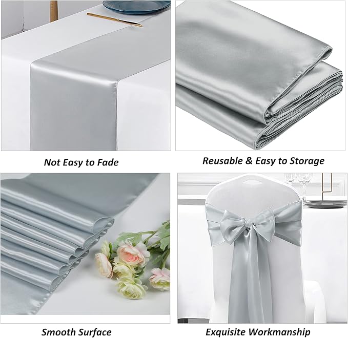 SiinvdaBZX 24 Pcs Silver Satin Table Runner 12 x 108 inches Long | Bright - Image 5