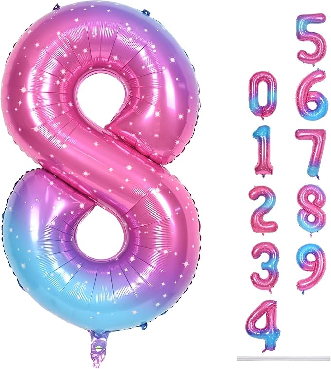 40 Inch Rainbow Foil Balloon Number 8, Giant Self Inflating Gradient Blue Pink by Lingqiang