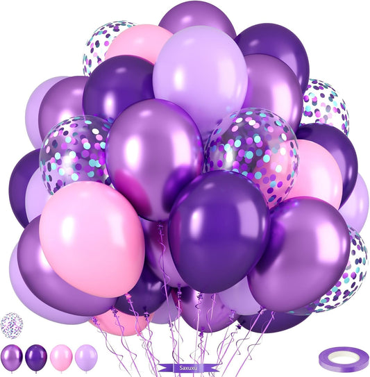 Pink and Purple Balloons, Pink Lavender Dark Purple Metallic Confetti Latex Balloons for Girls Women Birthday Party Baby Shower Bridal Shower Wedding Decorations