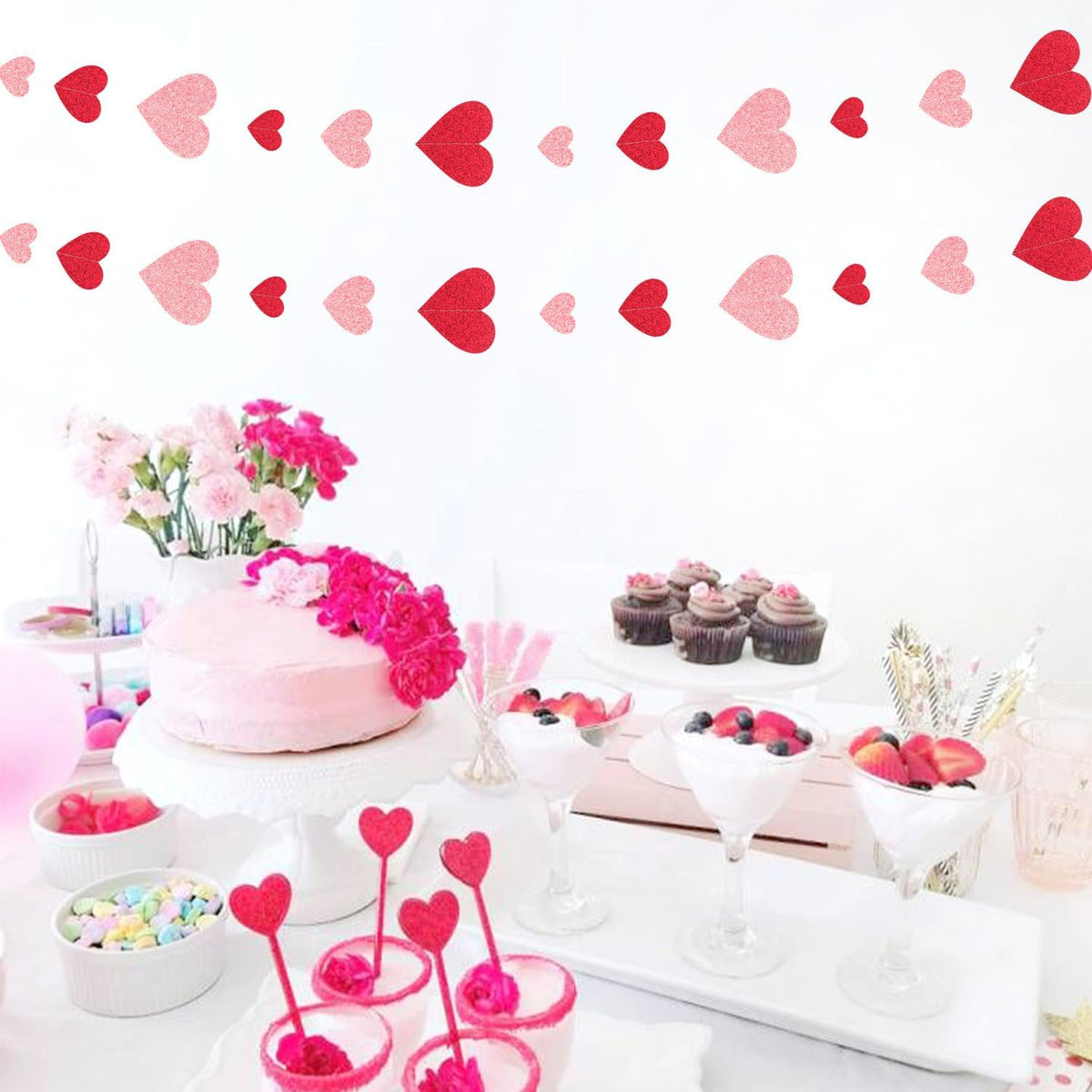 Red Pink Party-Decoration Heart Garland - 40ft Galentines Hanging Paper Streamers, Proposal Anniversary Romantic Birthday Baby Shower Rustic Wedding Hanging Ornaments Decor Hugfond