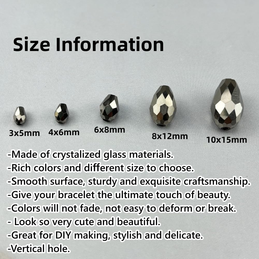 130pcs 6x8mm Teardrop Crystal Glass Beads for Jewelry Making, Faceted Vertical Hole Teardrop Glass Spacer Beads for Wind Chimes Bracelet Earring Necklace DIY Craft(Silver)