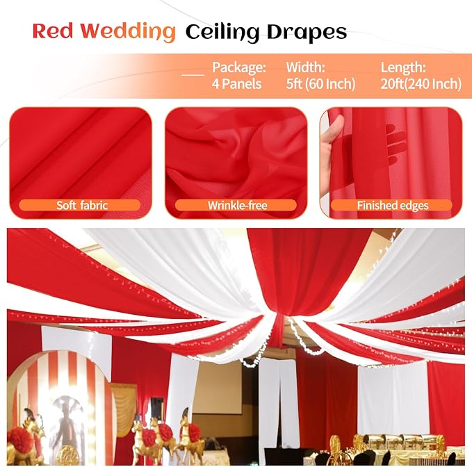4 Panels Red Ceiling Drapes for Wedding Ceiling Drapes 5ftx20ft Wedding Arch - Image 4