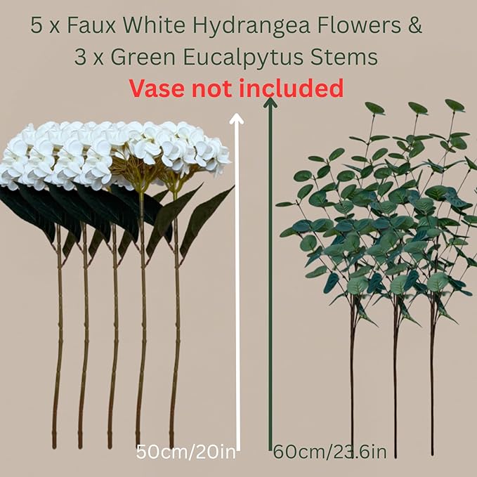 Real Touch White Faux Hydrangea And Eucalyptus Arrangement, Faux Floral - Image 5