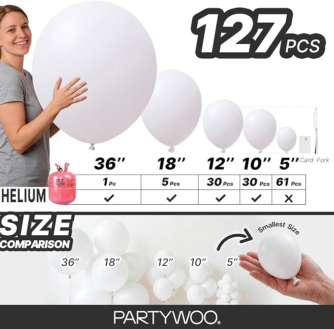PartyWoo White Balloons 127pcs Latex Helium Balloons Different Sizes 5 Inch | - Image 6