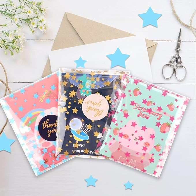 COQOFA 100 Pcs Star Printed Sealable Gift Wrap Cello Cellophane Bags Self - Image 6