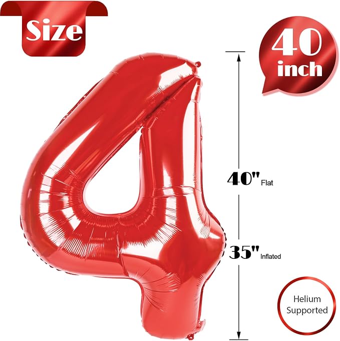 Red 4 Balloon - Number Balloon 40 Inch, 4th Red Birthday Decorations | Large - Image 5
