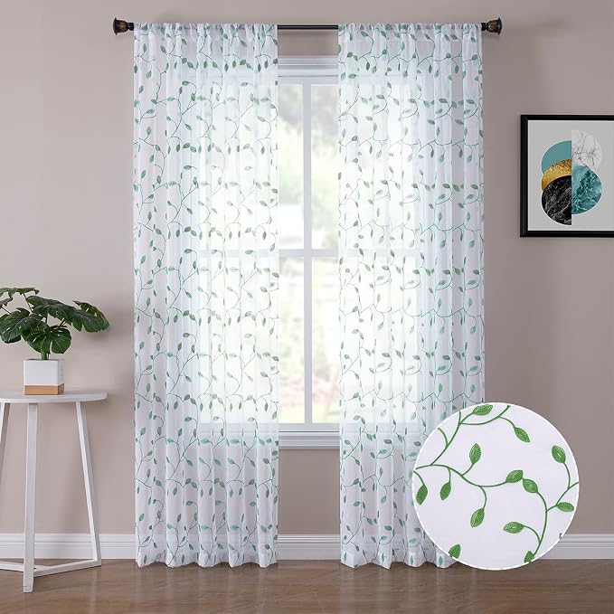 Tollpiz Leaves Sheer Curtain Green Leaf Embroidery Living Room Curtains Rod by Tollpiz