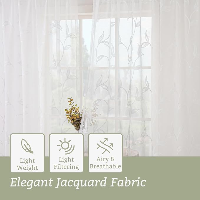 Sheer Kitchen Cafe Curtains Embroidered Leaf Pattern White 54x16 | Light - Image 4