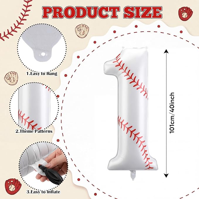 Jenaai Baseball Number 1 Balloons 40 Inch Baseball Theme Birthday Party - Image 2