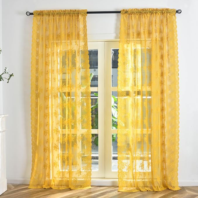 Kotile Mustard Yellow Sheer Lace Curtains - Image 9