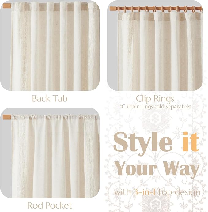 jinchan Floral Linen Curtains Embroidered Back Tab 50x63in 4 Panels Ivory | - Image 7