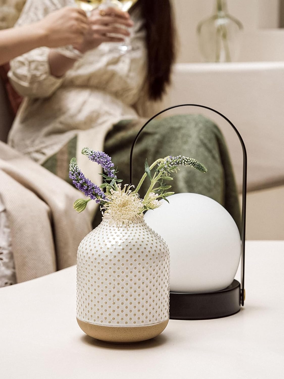 Boho Flower Vase - 5.3 Inch Ceramic White Vase for Pampas Grass, Eucalyptus & Bouquets, Small Home Decor Vases with Dot Embossment, Rustic Farmhouse Centerpiece
