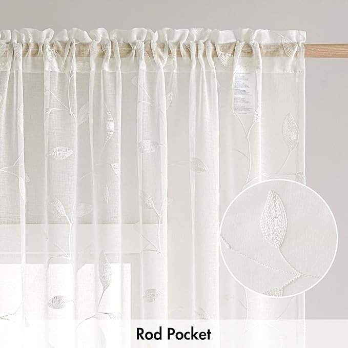 MIULEE Ivory Sheer Curtains 2 Panels Embroidered Leaf Patterned, W52 x L96 | - Image 6