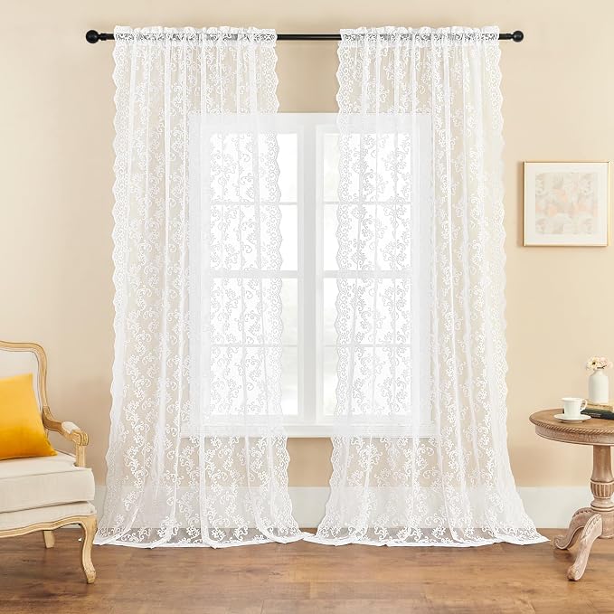 White Lace Curtains 102 Inches Long 2 Panels Paisley Floral Sheer Curtains by FOLKSIDEHomeDecoration