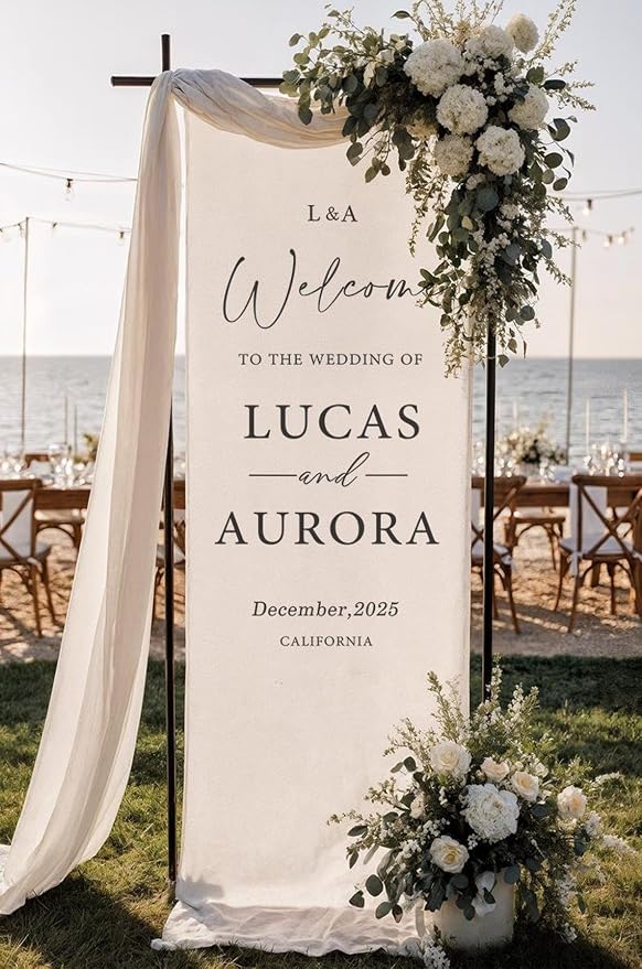 Wedding Welcome Sign Banner Personalized Custom Name Linen Fabric Wedding - Image 2