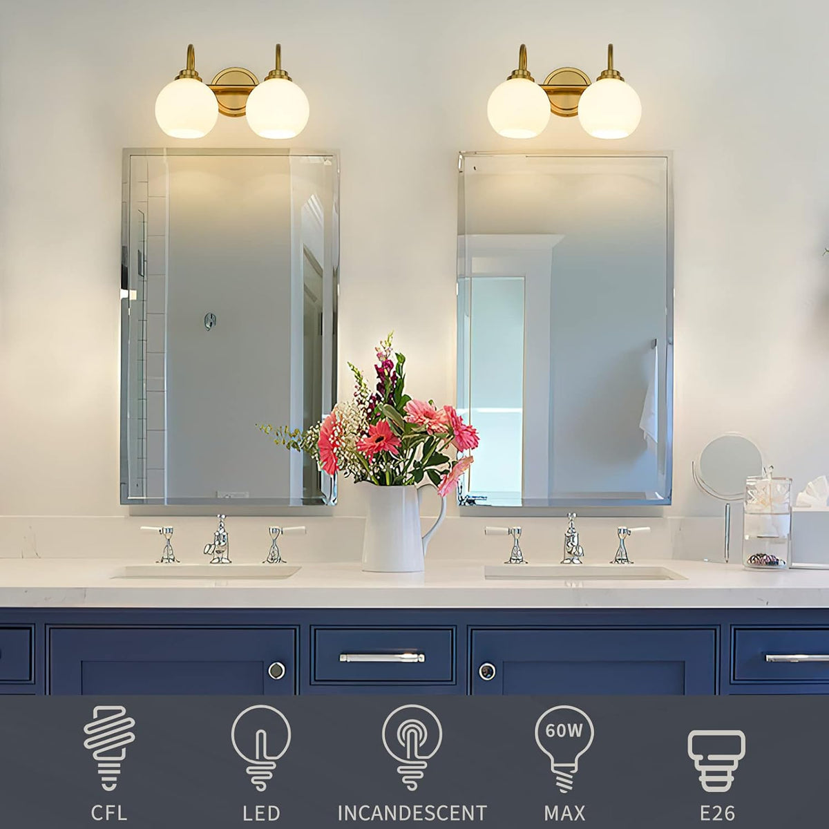 Gold Bathroom Vanity Light Fixtures, 2 Light Modern Over Mirror with White Milk White Globe Glass Shade