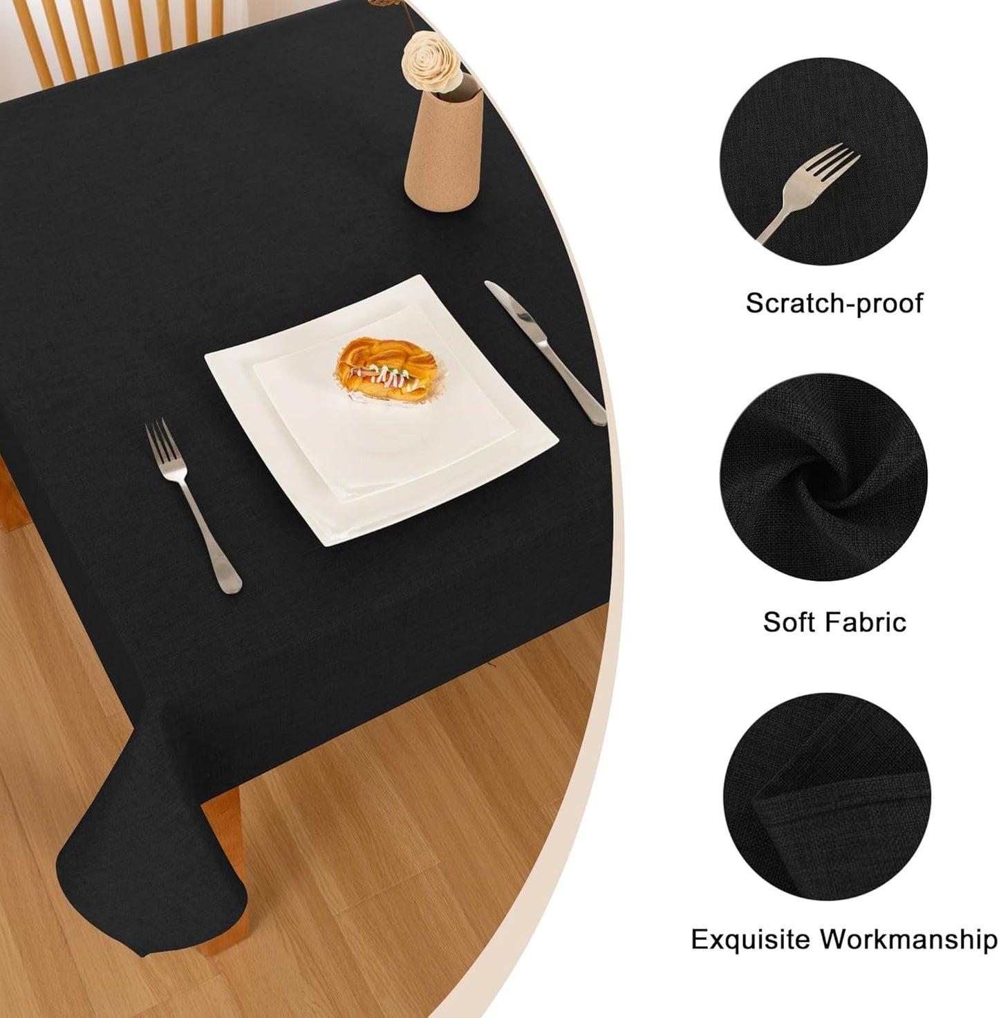Hiasan Faux Linen Square Tablecloth - Wrinkle and Stain Resistant Washable Table Cloth for Kitchen Dining Room Holiday Table Cover for Party Dinner, Black, 60 x 60 Inch