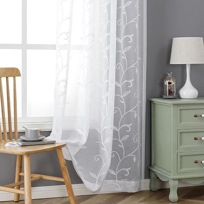 White Sheer Curtains Embroidered Leaves 2 Panels 54Wx96L | Light Filtering - Image 7