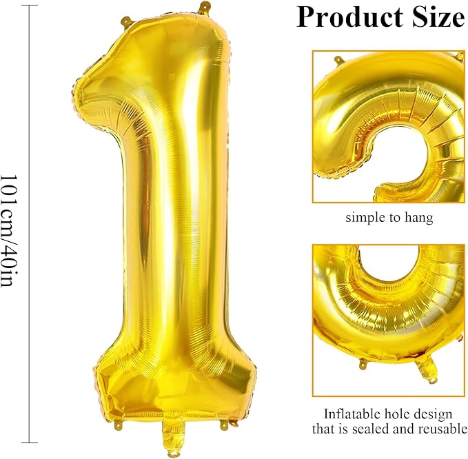Number 12 Balloons for 12th Birthday Party Decorations, 0-100 Large Gold Foil - Image 2
