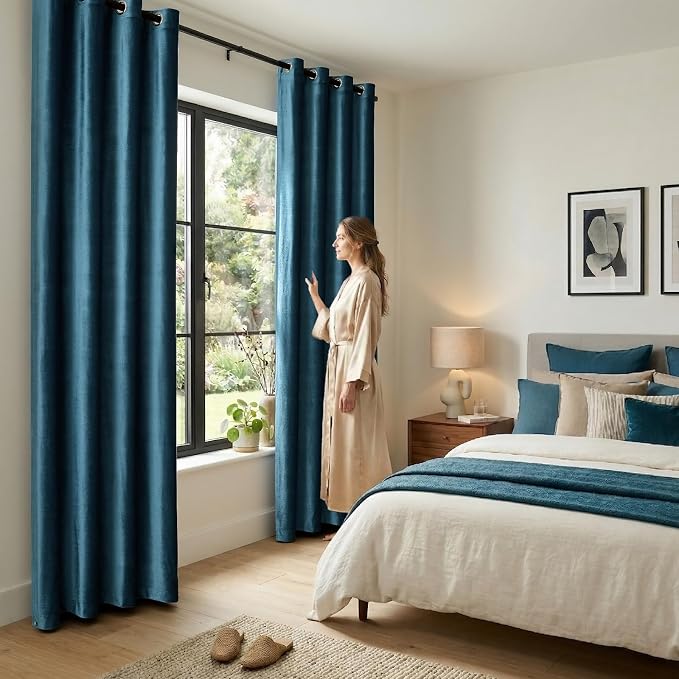 Velvet Peacock Blue Blackout Curtains 108 inch Length - Image 3