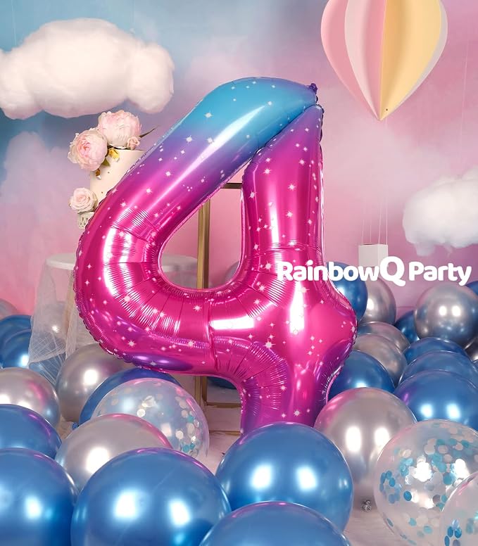 RainbowQ Blue Pink 4 Balloon Number 40 Inch Big 0-10 Foil Large Balloon | - Image 2