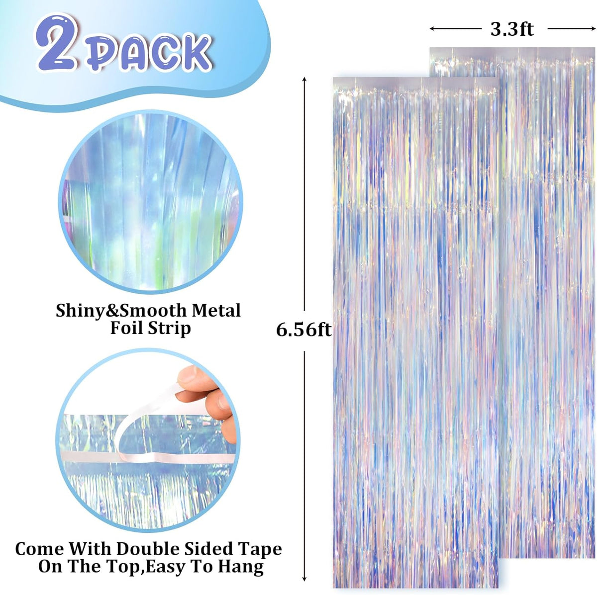 2 Pack Iridescent Foil Fringe Curtains, Holographic Tinsel Streamers Birthday Party Decorations, Fringe Backdrop for Kids Birthday, Baby Shower, Anniversary, Engagement Themes Party