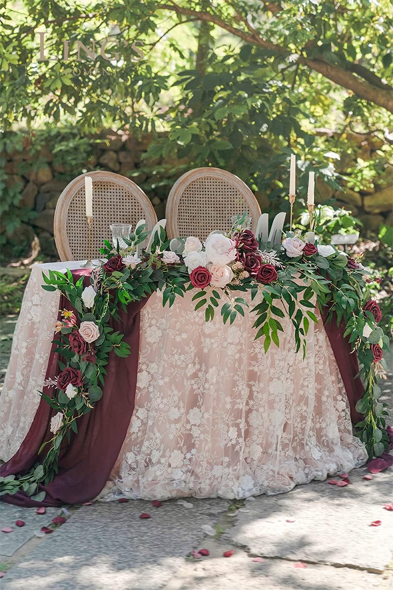 Ling's Moment 9FT Spring Flower Garland - Wedding Arch Flowers, Eucalyptus & Rose, Artificial Floral Garland for Mantle - Sweetheart Table Decor for Reception, Backdrop Decorations, Marsala