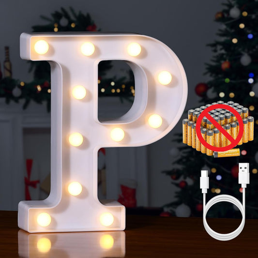Foaky Rechargeable LED Letter Lights Sign Marquee Light Up Letters Sign for Night Light Wedding/Birthday Party Christmas Lamp Home Bar Decoration (P)