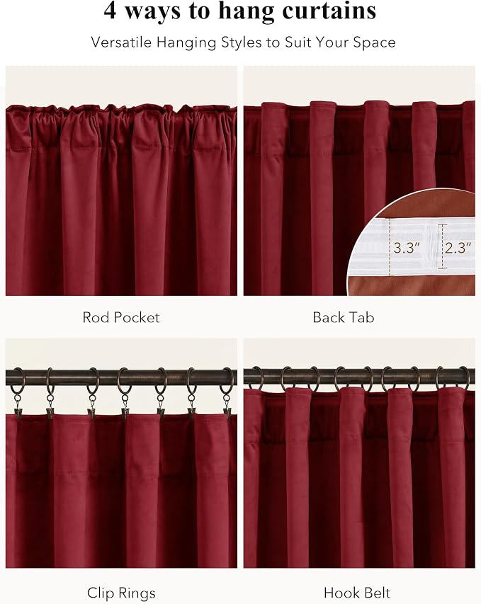 Red Velvet Curtains Extra Long for Chrismas Decor, W52 x L108, Room Darkening - Image 2