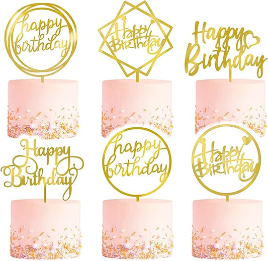 6-Pack Gold Cake Topper Set, Double-Sided Glitter, Acrylic Happy Birthday by Apluselection