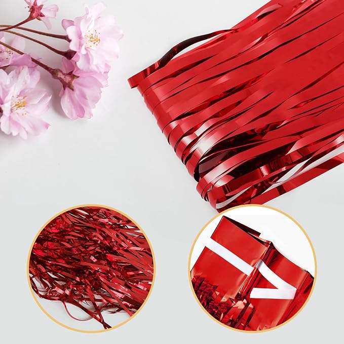 5 Pack Red Foil Curtain Backdrop 3.2ft x 9.8ft Metallic Tinsel Foil Fringe - Image 4