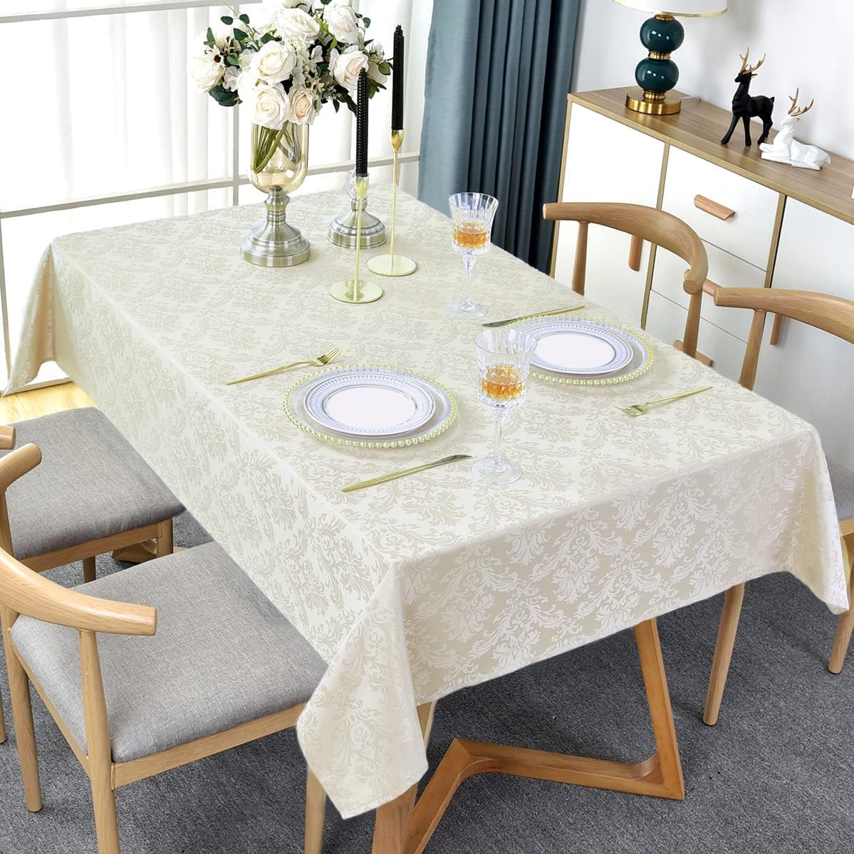 SASTYBALE Rectangle Tablecloth - 52 x 70 Inch Beige Cream Damask Table Cloth Jacquard Design Spill Proof Wrinkle Resistant Waterproof Soft Polyester Oblong Table Cover for Kitchen Parties(Ivory)