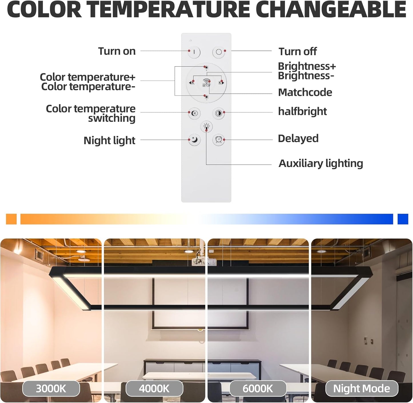 8FT x 4FT LED Linear Light Rectangular Set with Remote Control, 50W Seamless Connection, 3000K to 6000K Color Changing, Commercial Hanging LED Shop Light Fixtures for Office Work Shop Garages