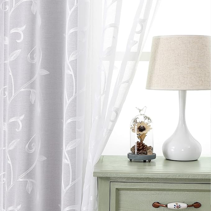 Kitchen Sheer Cafe Curtains Embroidered Leaves White 26Wx36L | Light Filtering - Image 2
