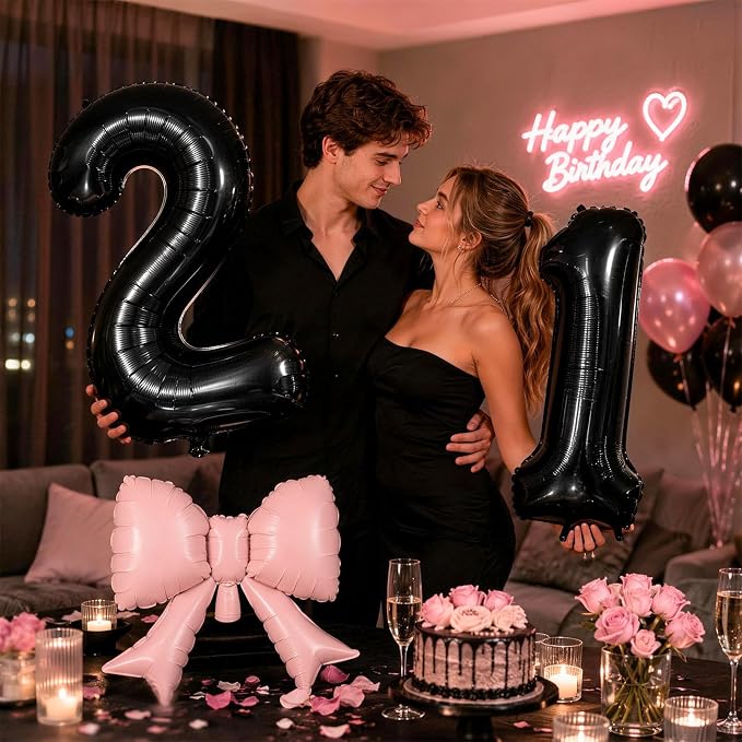 40 Inch Black Number 1 with Pink Bow Balloon, Giant Self Inflating Black Foil - Image 3