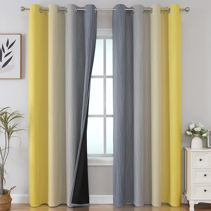 Yellow and Grey Ombre Blackout Curtains 90 Inch Length 2 Panels Set, Thermal by ESTELARTEXTILER