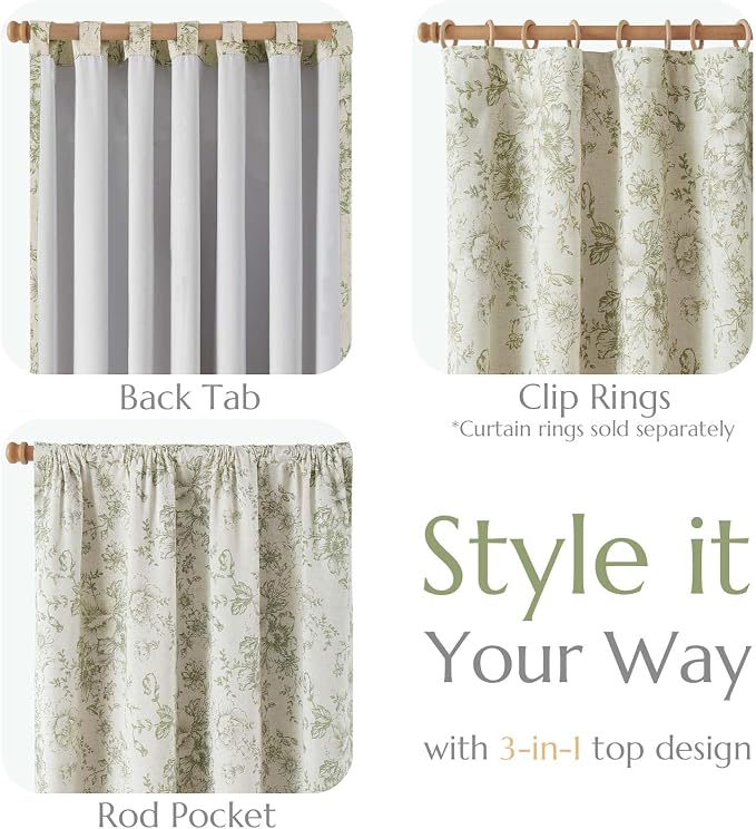 jinchan Green Floral Linen Blackout Curtains 84 Inch Back Tab 2 Panels | - Image 4