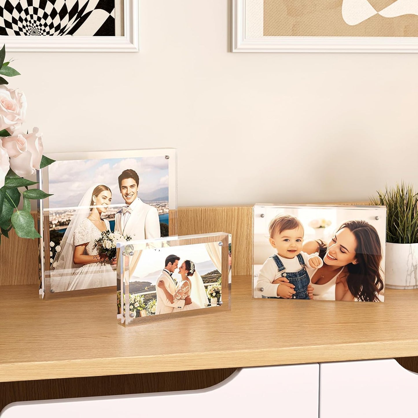 Egofine 8x10 Acrylic Frames 2 Pack, 20mm Thicker Frameless Clear Picture Frames, Double Sided Magnetic Picture Frames, Free Standing Desktop Display