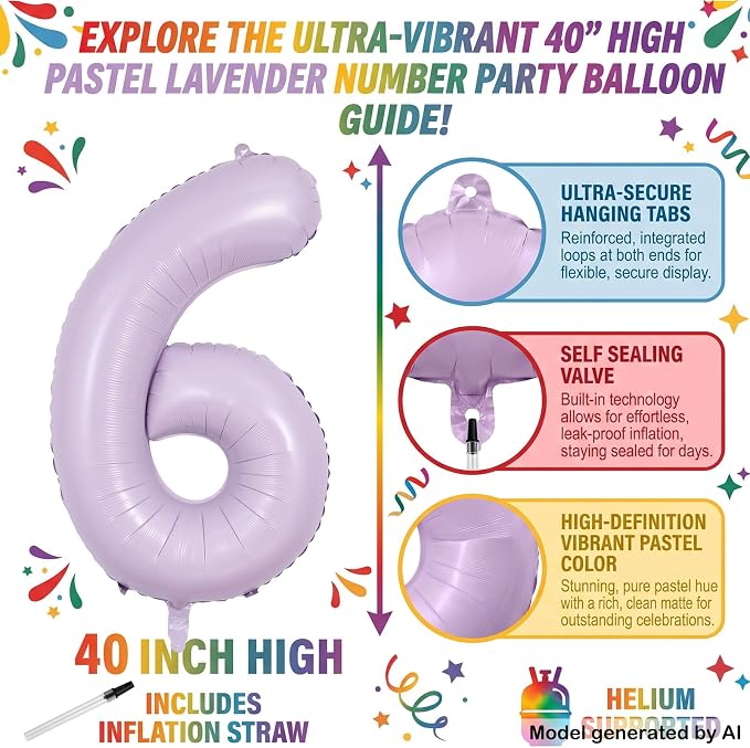 40" Pastel Purple Foil Number 6 Balloon - Image 2
