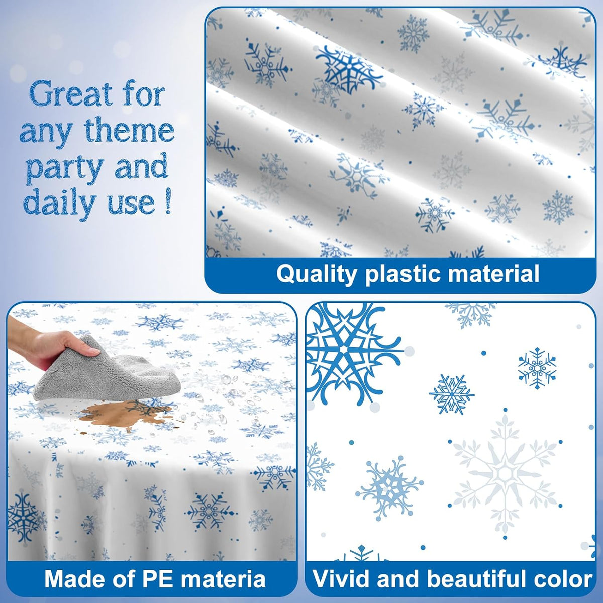 12 Pieces Christmas Snowflake Plastic Party Tablecloth Decorations,Disposable Blue Snowflake White Xmas Round Table Cover Backdrop for Winter Christmas Holiday Party Supplies,84 inch (Blue White)
