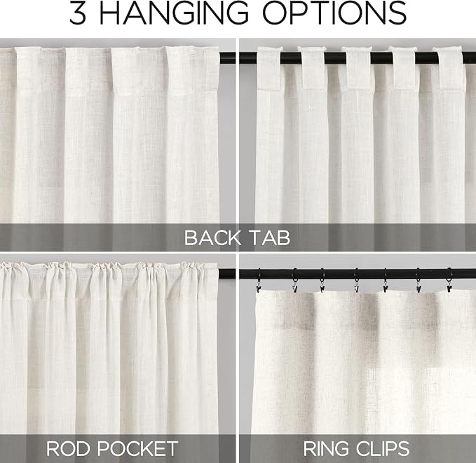 Beige White Curtains Linen for Living Room 90 Inches Long Back Tab and Rod - Image 2