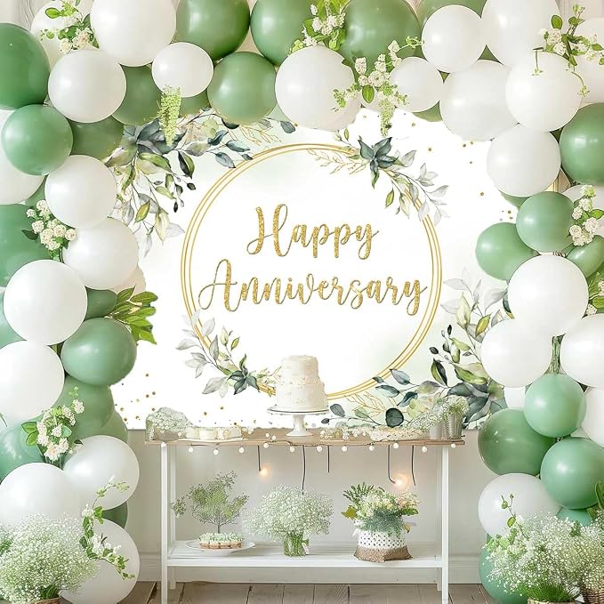 8x6ft Happy Anniversary Backdrop Sage Green Eucalyptus Wedding Anniversary - Image 3