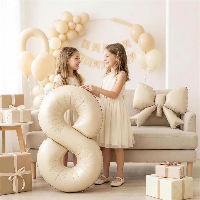 40 Inch Cream Number 7 with Bow Balloons, Giant Self Inflating Beige Cream Foil - Image 3