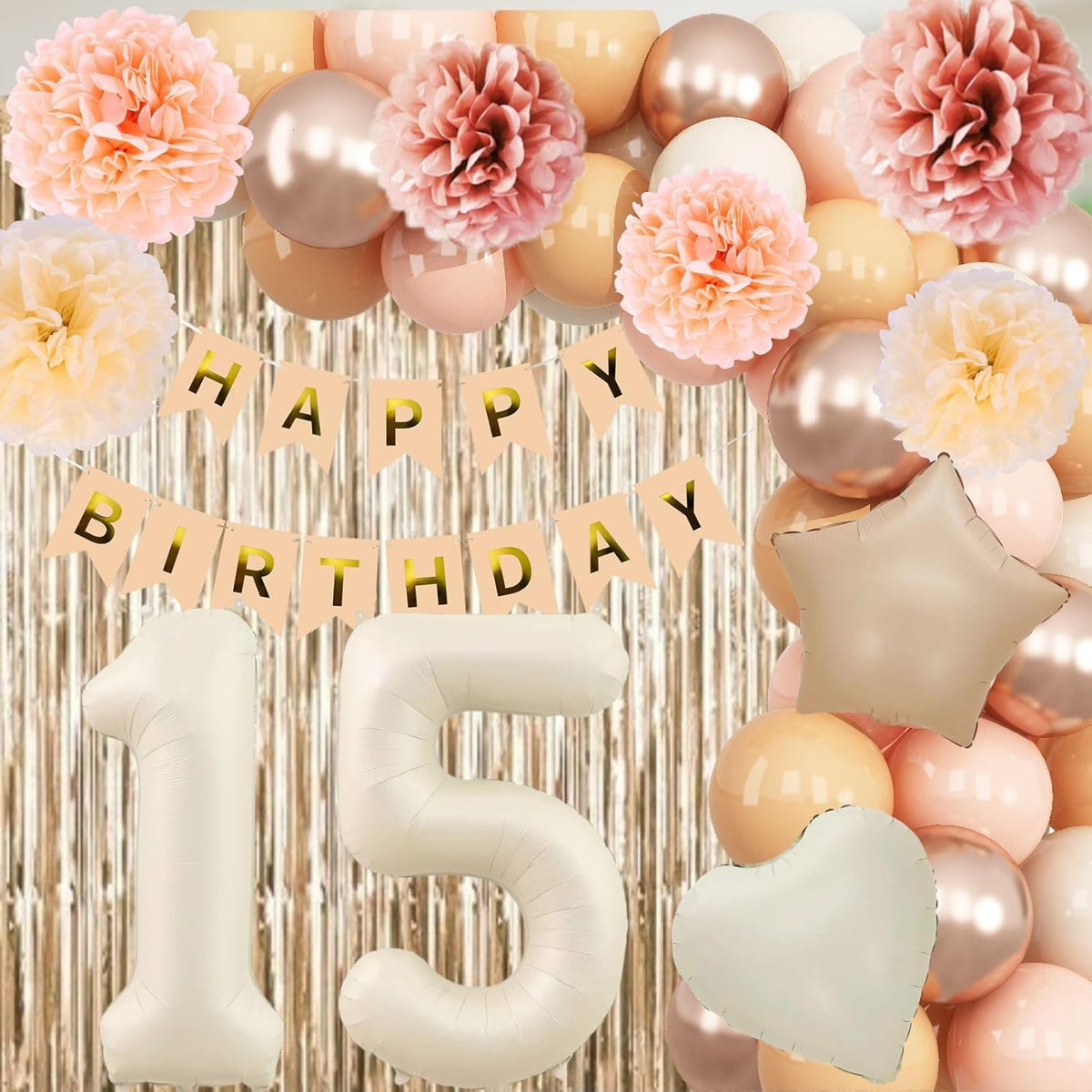 Beige 15th Birthday Decorations Girls Boys Cream Number 15 Balloon Nude Gold Happy Birthday Banner Fringe Curtain Paper Pom Poms Blush White Sand Champagne Star Foil Balloons Neutral Boho Party Decor
